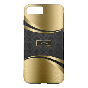 Elegante Monogramed Zwart & Goud Bloemen Damasks iPhone 8 Plus / 7 Plus Hoesje