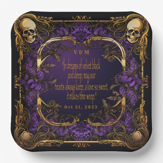 Elegante Monogrammed Liefde Spell Gotische Bruilof Papieren Bordje (Voorkant)