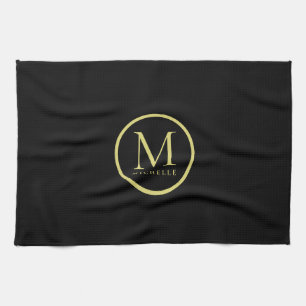 Elegante monogrammed naam Sjabloon zwart en goud Theedoek