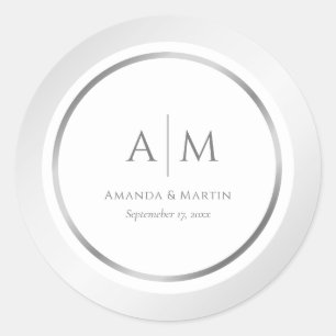 Elegante Monogrammed Zilveren Bruiloft Ronde Stick Sticker