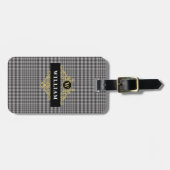 Elegante Monogrammed Zwart Goud Grijs Plaid Bagagelabel (Voorkant horizontaal)