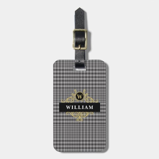 Elegante Monogrammed Zwart Goud Grijs Plaid Bagagelabel (Voorkant verticaal)