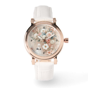 Elégante montre florale avec accents or Rose