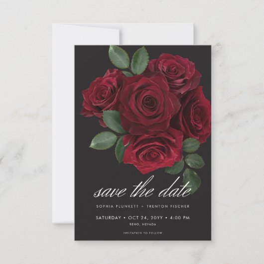 Elegante Moody Bloed Rode Rozen Bloemen Huwelijk Save The Date (Voorkant)