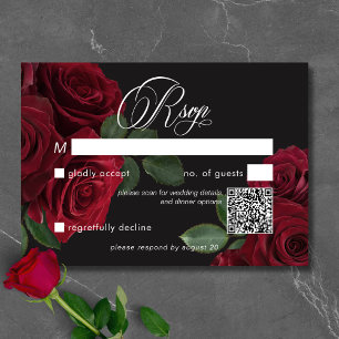 Elegante Moody Blood Red Roses Floral QR-code RSVP Kaartje