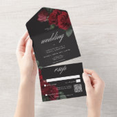 Elegante Moody Blood Red Roses Wedding QR-code All In One Uitnodiging (Afscheurbaar)