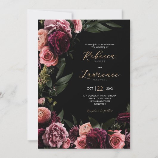 Élégante Moody fleurs faire-part de mariage noir (Devant)