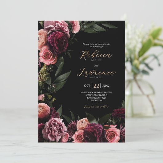 Élégante Moody fleurs faire-part de mariage noir (Debout devant)