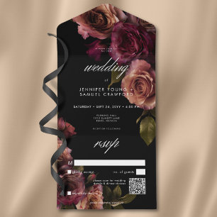 Elegante Moody Gedempte Roest & Wijnrood Bloem QR All In One Uitnodiging