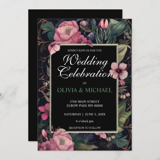 Elegante moody retro roze bloemenboho Trouwen Kaart (Voorkant / Achterkant)