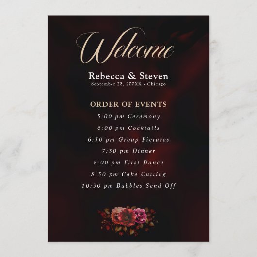 Elegante moody rode zwarte bloemen bruiloft programma (Voorkant)