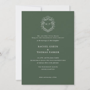 Elegante Moss Green Crest Monogram bruiloft Kaart