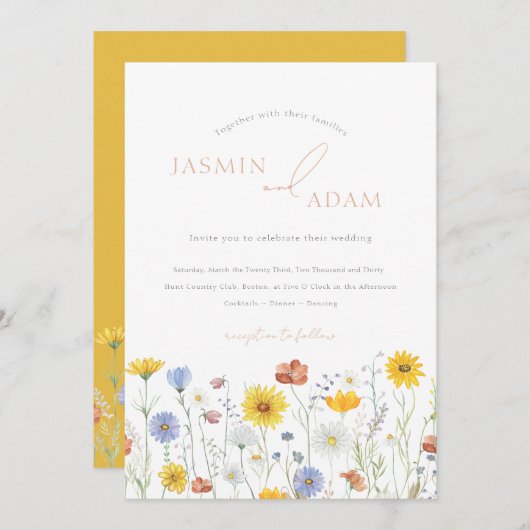 Elegante Mosterd Wildflowers Monogram bruiloft Kaart (Voorkant / Achterkant)