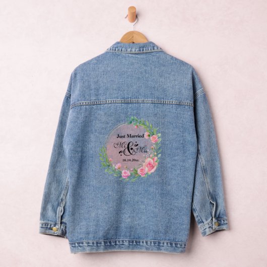 Elegante Mr en Mrs Blush Roze Bloemen Bruiloft Denim Jacket (Hangar)