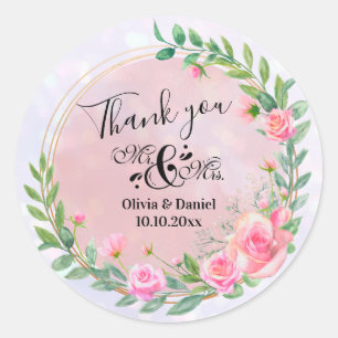 Elegante Mr en Mrs Blush Roze Bloemen Bruiloft Ronde Sticker