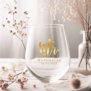 Elegante Mr. Gold Calligrafie Hart Trouwset Wijnglas Zonder Voet
