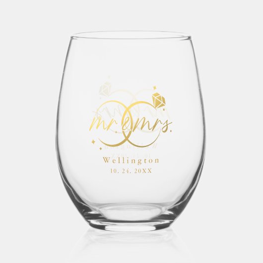 Elegante Mr & Mrs Gold Kalligrafie Bruiloft Wijnglas Zonder Voet (Voorkant)