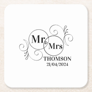 elegante mr & mrs monogram zwart wit trouwen vierkante kartonnen onderzetter