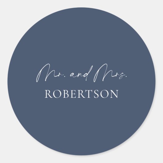 Elegante Mr. & Mrs.-sticker – marineblauwe achterg Ronde Sticker (Voorkant)