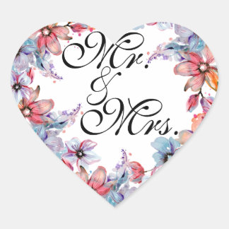 Elegante Mr & Mrs Wedding Sticker met Floral Des