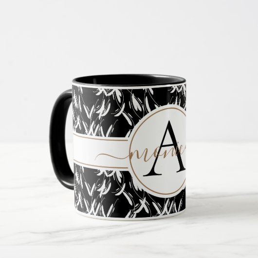Élégante Mug Abstrait Floral Noir Monogrammé Or (Devant gauche)