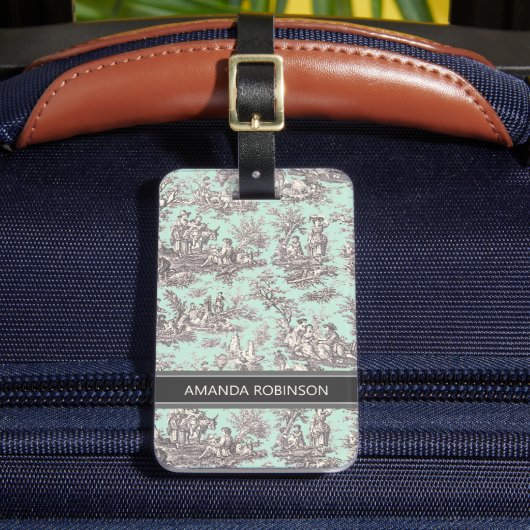 Elegante munt grijs toile de jouy bagagelabel (Voorkant Insitu 2)