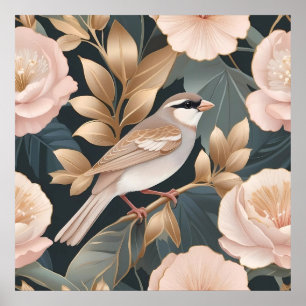 Elegante Mus Stoffig Roze en Gouden Bloemen Poster