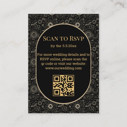 Elegante mystieke bruiloft RSVP QR Code Zwart Goud Informatiekaartje (Voorkant)