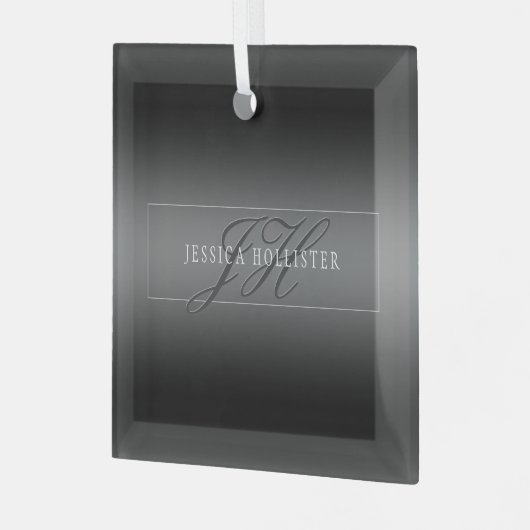 Elegante Naam & Monogrammed Initialen | Zwart & Gr Glas Ornament (Voorkant links)