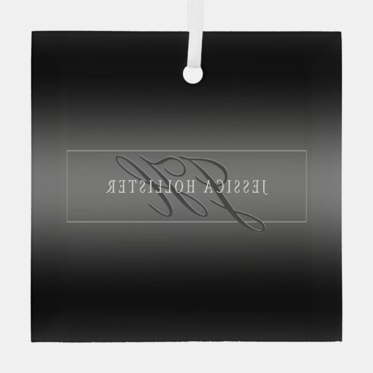 Elegante Naam & Monogrammed Initialen | Zwart & Gr Glas Ornament (Achterkant)