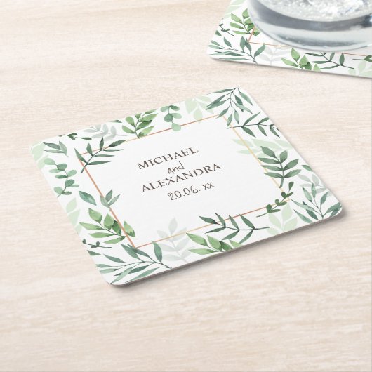Elegante Naam Waterverf Rustieke Groene Huwelijk Vierkante Kartonnen Onderzetter (Schuin)