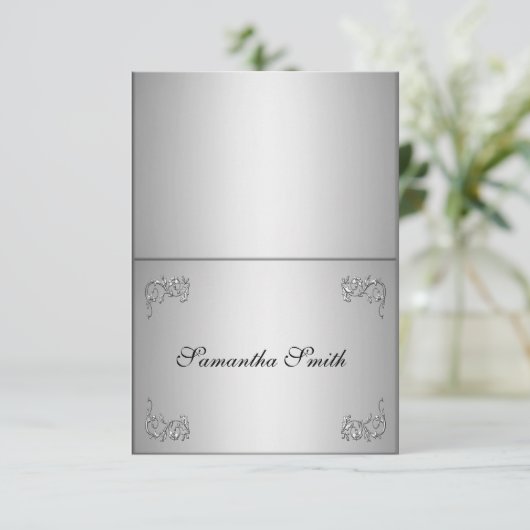 Elegante naamkaartjes_zilveren bloemenswirl kaart (Staand voorkant)