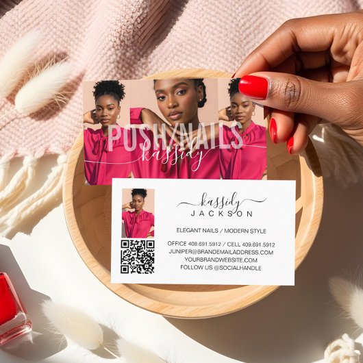 Elegante Nagelsalon Script Monogram Foto QR-code Visitekaartje