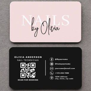 Elegante Nail Artist Black Blush Pink QR-code Visitekaartje