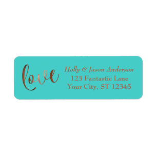 Elegante namaak koperfolie 'love' schrift met turq etiket