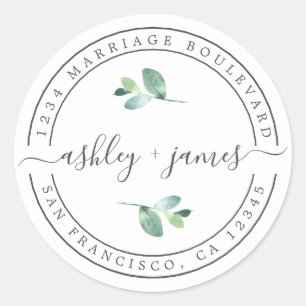 Elegante namen bladgroen trouw retouradres ronde sticker