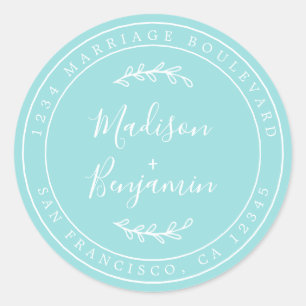Elegante namen blauwe trouw retouradres ronde sticker