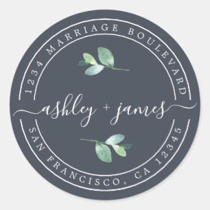 Elegante Namen Loof Blauw Huwelijk Retouradres Ronde Sticker