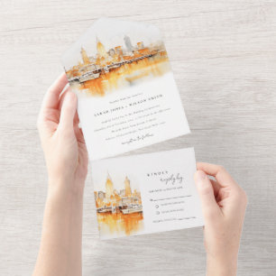 Elegante Nashville City Skyline Waterverf bruiloft All In One Uitnodiging