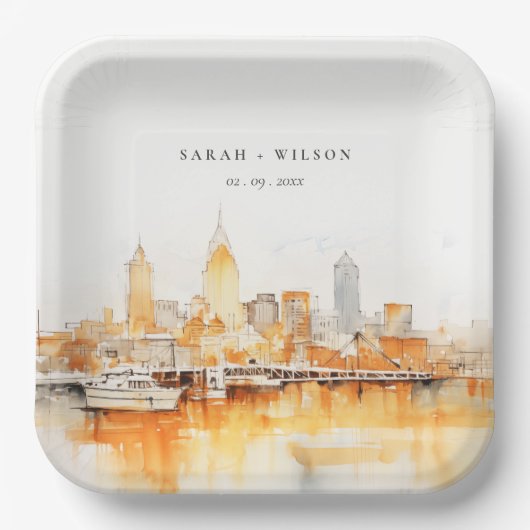 Elegante Nashville City Skyline Waterverf bruiloft Papieren Bordje (Voorkant)