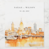 Elegante Nashville City Skyline Waterverf bruiloft Wijn Etiket (Enkel label)