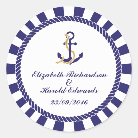 Elegante Nautical Navy Bruiloft Ronde Sticker (Voorkant)