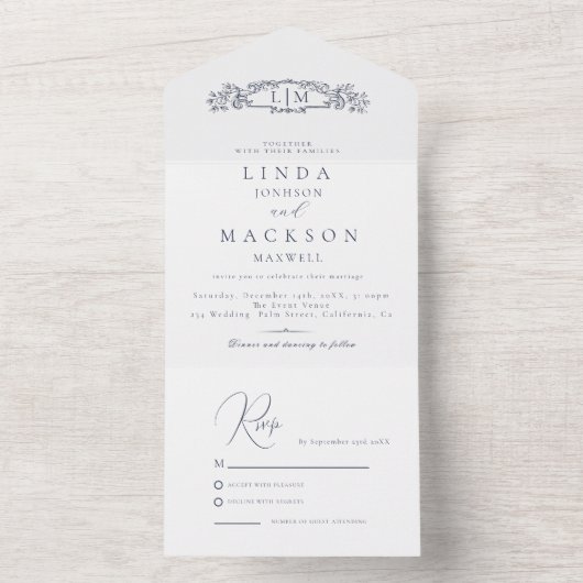 Elegante nautische botanische kam monogram bruilof all in one uitnodiging (Binnen)