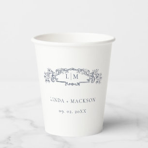 Elegante nautische botanische kam monogram bruilof papieren bekers