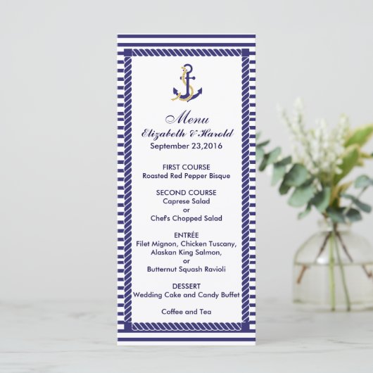 Elegante nautische bruiloft marine strepen Menu (Staand voorkant)