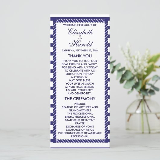 Elegante nautische bruiloft Navy Stripes Program K Programma (Staand voorkant)