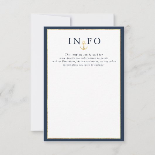 Elegante nautische marine blauwe bruiloft details RSVP kaartje (Voorkant)