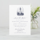 Elegante nautische vuurtoren illustratie bruiloft save the date (Staand voorkant)