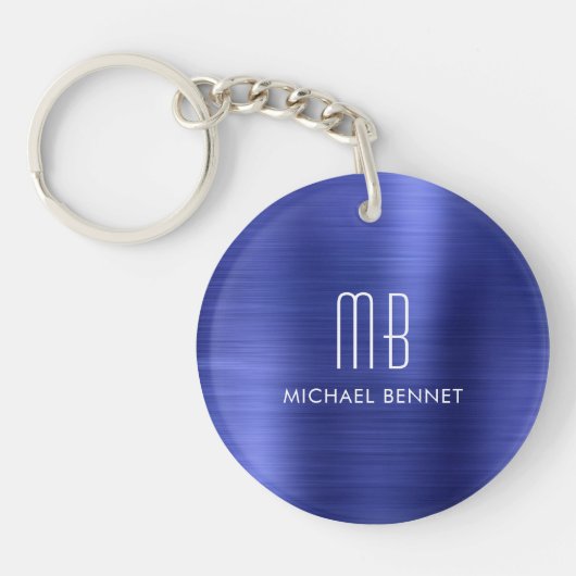 Elegante Navy Blau Monogram Sleutelhanger (Voorkant)