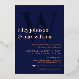 Elegante Navy Blau Typografie Pijl Roosgoud Folie Uitnodiging